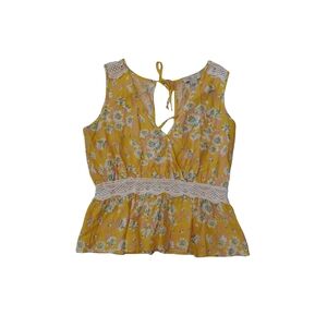 Floral Yellow Sleeveless Top with Lace Trim